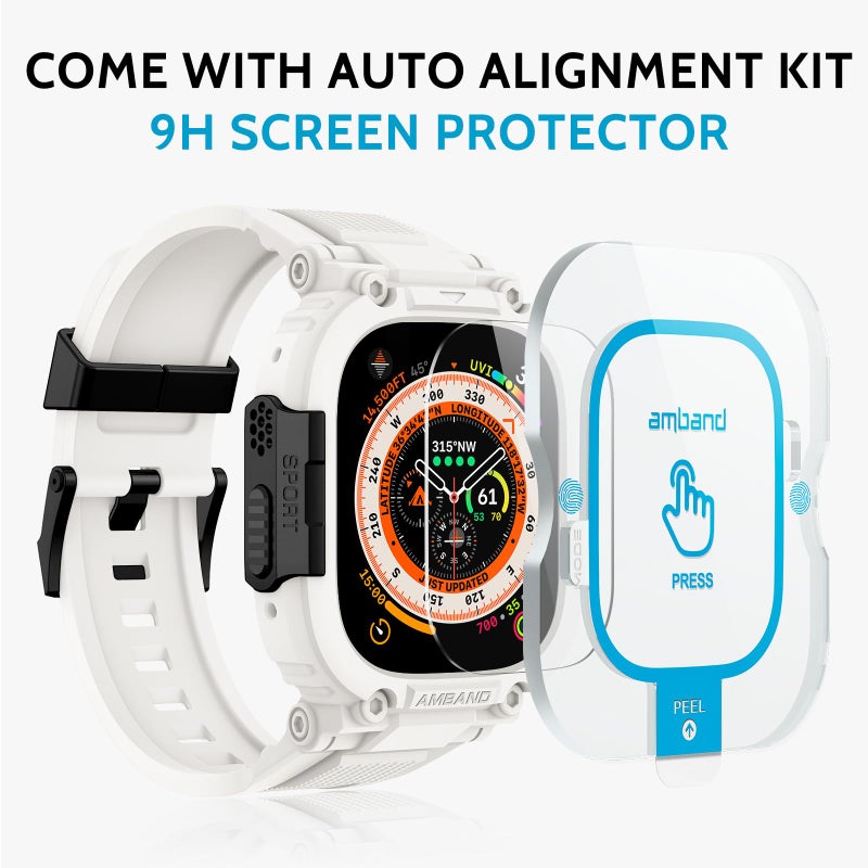 amBand Bands Case Screen Protector Compatible with Apple Watch Ultra 3/2/1 49mm, M1 Sport Series Rugged Cover Strap and 9H Tempered Glass Film, Protective Bumper for iWatch 49 mm Men White - Image 2