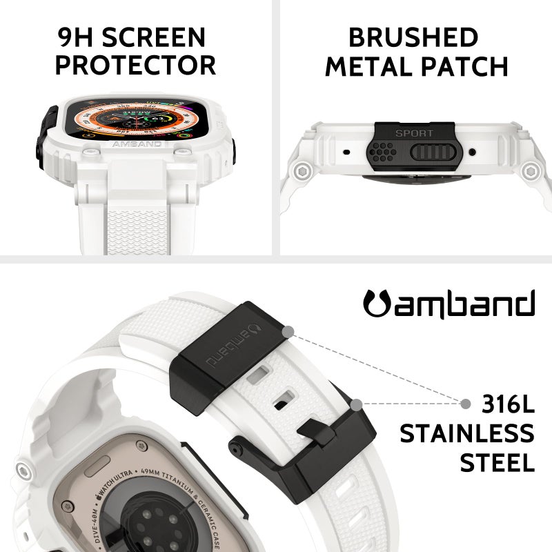 amBand Bands Case Screen Protector Compatible with Apple Watch Ultra 3/2/1 49mm, M1 Sport Series Rugged Cover Strap and 9H Tempered Glass Film, Protective Bumper for iWatch 49 mm Men White - Image 3