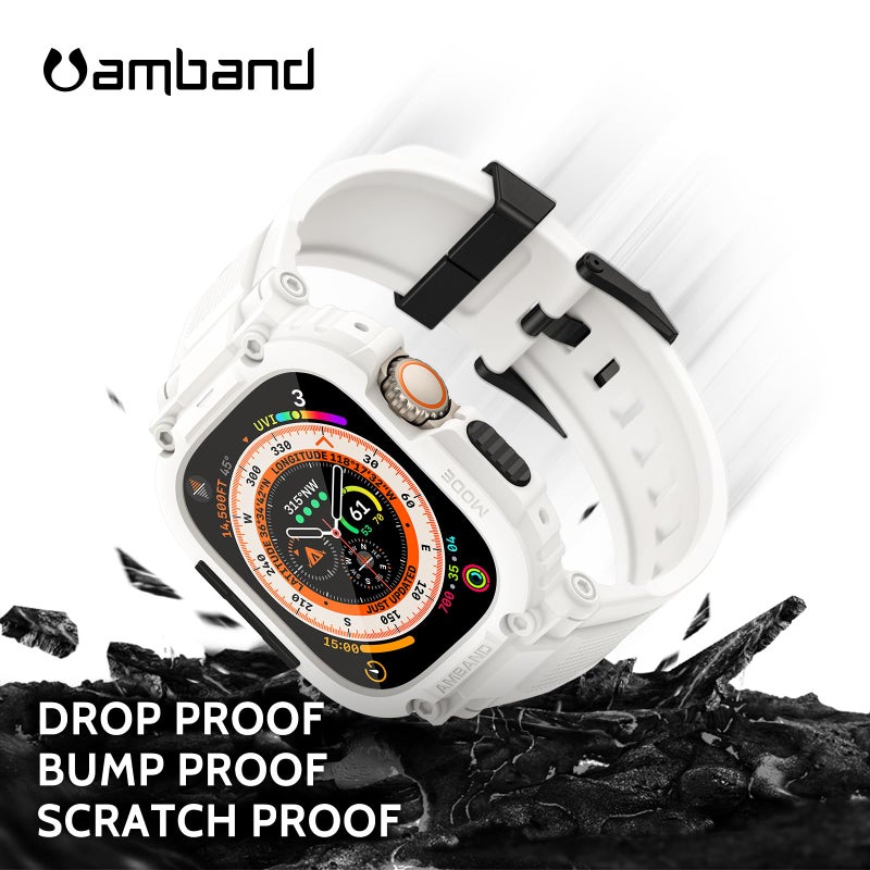 amBand Bands Case Screen Protector Compatible with Apple Watch Ultra 3/2/1 49mm, M1 Sport Series Rugged Cover Strap and 9H Tempered Glass Film, Protective Bumper for iWatch 49 mm Men White - Image 4