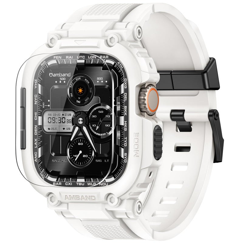 amBand Bands Case Screen Protector Compatible with Apple Watch Ultra 3/2/1 49mm, M1 Sport Series Rugged Cover Strap and 9H Tempered Glass Film, Protective Bumper for iWatch 49 mm Men White - Image 1