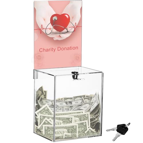 Youeon Large Acrylic Donation Box with Lock, 6.7 x 5 x 16 in Clear Suggestion Box with Slot and Lock, Ballot Tin with Sign Holder for Tip, Comment, Voting, Charity, Fundraising - Image 1