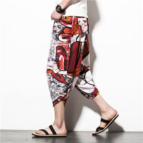 Chinese Style Mens Casual Cotton Linen Capris Red k29-6 color 