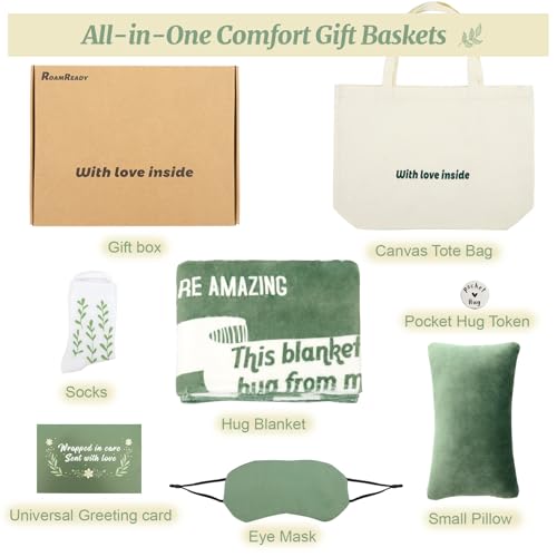 RoamReady Get Well Soon Gift Baskets for Women, Thinking of You, Cancer Care Gifts for Family Friends Sister, 8pcs Care Package With Small Pillow for Travel, Hug Blanket, Pocket Hug Token, Canvas Bag - Image 2