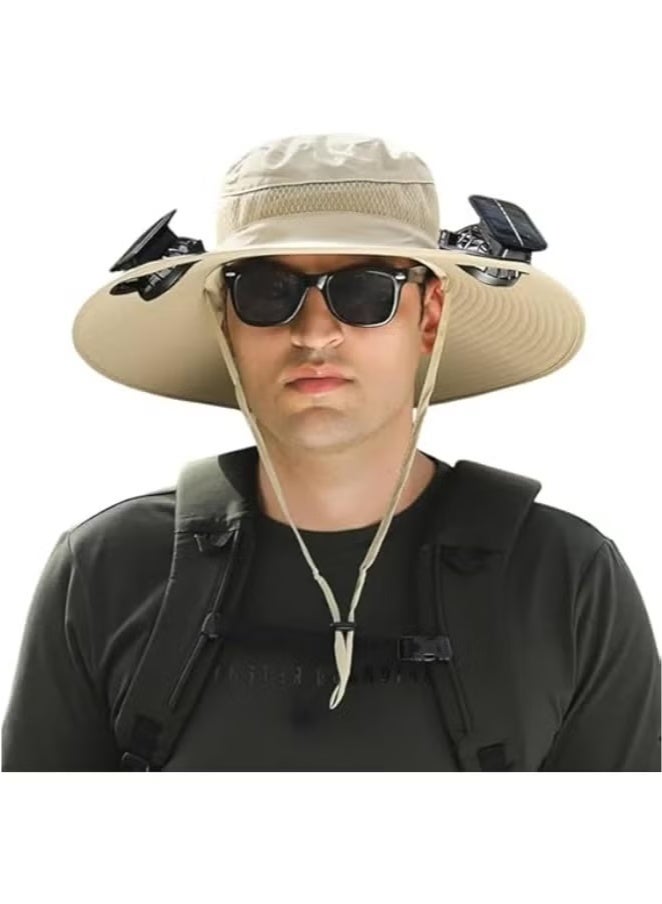 Arabest Outdoor Wide Brim Sun Hat with Two Solar Fans, UPF 50+, Unisex, Built-in Fan, Fishing Beach Hat Khaki - Image 1
