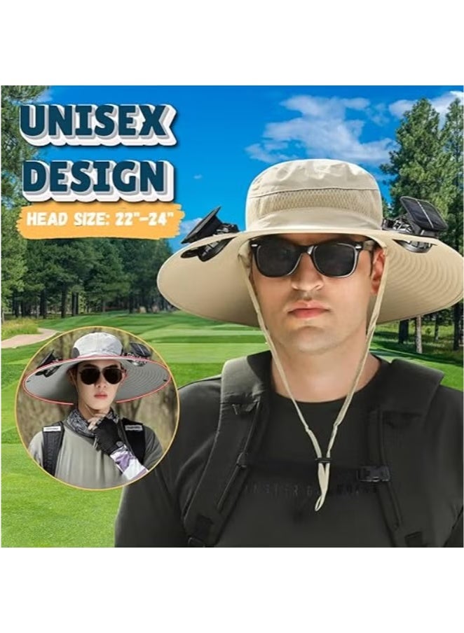 Arabest Outdoor Wide Brim Sun Hat with Two Solar Fans, UPF 50+, Unisex, Built-in Fan, Fishing Beach Hat Khaki - Image 2