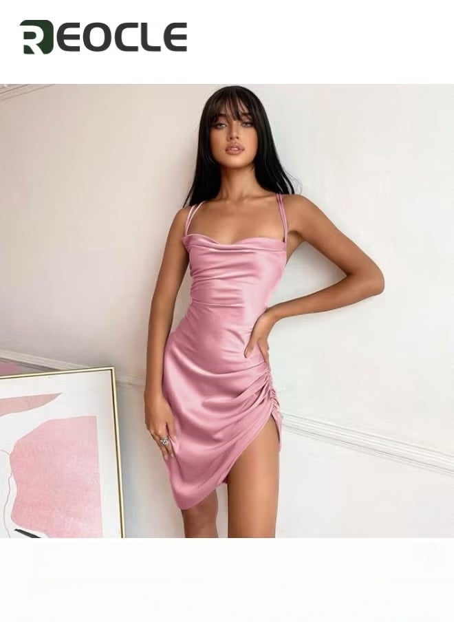 REOCLE Women's Ruched Bodycon Midi Dress Satin Slip Dress Satin Spaghetti Strap Sleeveless Club Party Dresses Backless Bodycon Dresses - Image 5