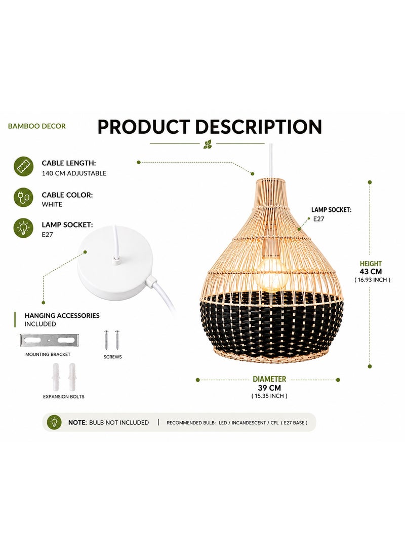 BAMBOO DECOR Handmade Pendant Lamp Made Of Bamboo And Rattan black color semi paint - Image 3