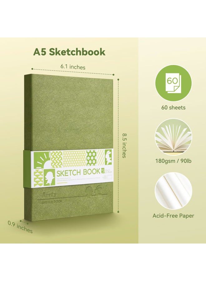 Arrtx Premium Hardcover Sketch Book, 60 Sheets/120 Pages, 180 GSM Thick Acid-Free Drawing Paper, Hardbound Sketch Pad with Inner Pocket, Green 8.5"x6.1" Sketchbook - Image 2