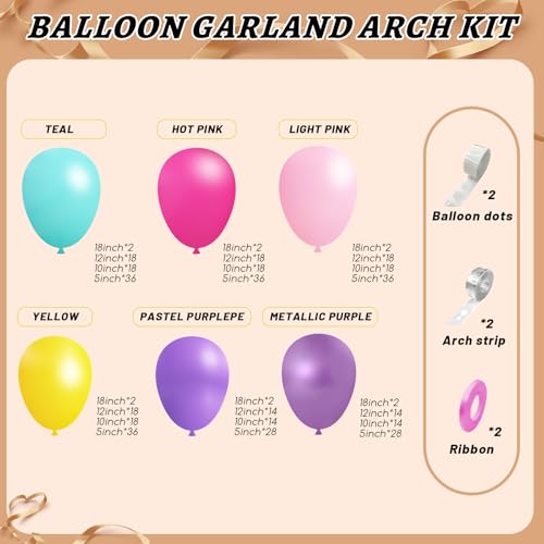 PAXILE 412pcs Purple Blue Pink Balloon Garland Arch Kit 18 12 10 5 inch Different Sizes Hot Pink Metallic Purple Teal Yellow Balloons for Kid Magic Baby Shower Birthday Engagement Party Decoration - Image 5