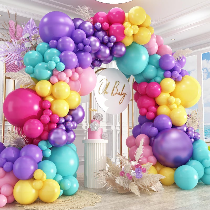 PAXILE 412pcs Purple Blue Pink Balloon Garland Arch Kit 18 12 10 5 inch Different Sizes Hot Pink Metallic Purple Teal Yellow Balloons for Kid Magic Baby Shower Birthday Engagement Party Decoration - Image 3