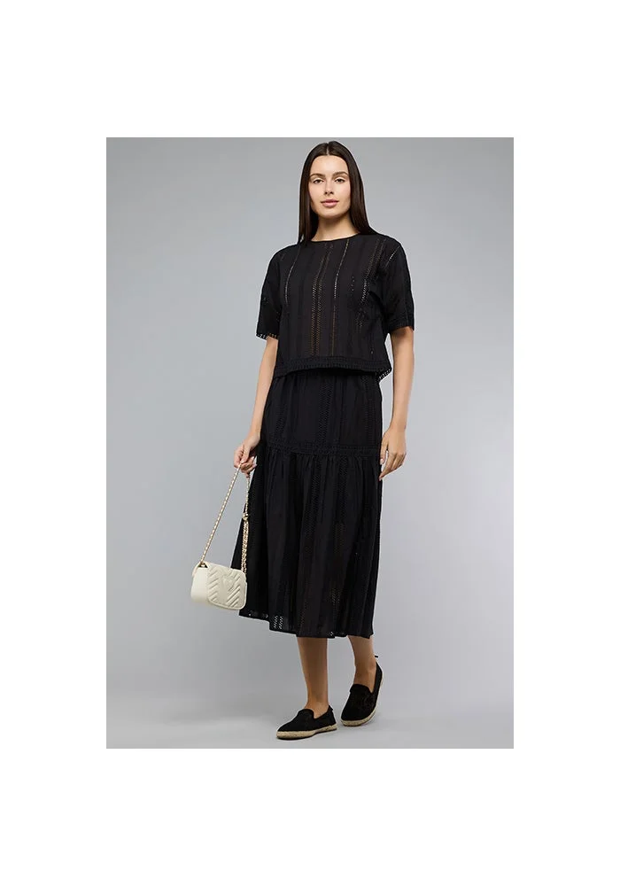 R&b Schiffli Midi Skirt with Elastic Waist