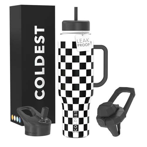 THE COLDEST WATER Coldest Tumbler with Handle and Straw 100 Leak Proof Insulated Tumbler with Lid and Straw 3 Lids Stainless Steel Tumblers for Women Men Cup Holder Friendly 46 oz Black Checkers - Image 1
