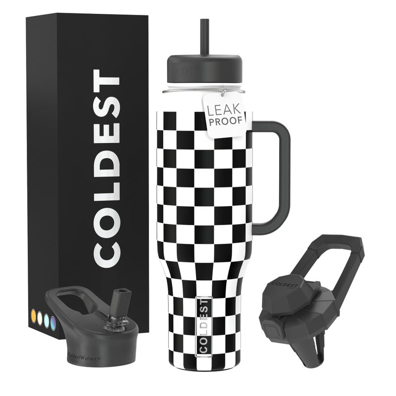 THE COLDEST WATER Coldest Tumbler with Handle and Straw 100 Leak Proof Insulated Tumbler with Lid and Straw 3 Lids Stainless Steel Tumblers for Women Men Cup Holder Friendly 46 oz Black Checkers - Image 2
