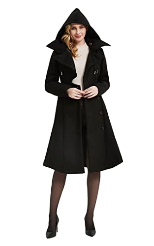 QZUnique Long Trench Pea Coat for Women - Wool Winter Trench Coat Goth Lapel Peacoat Outwear Thick Hood Pea Jacket Trenchcoat - Image 4
