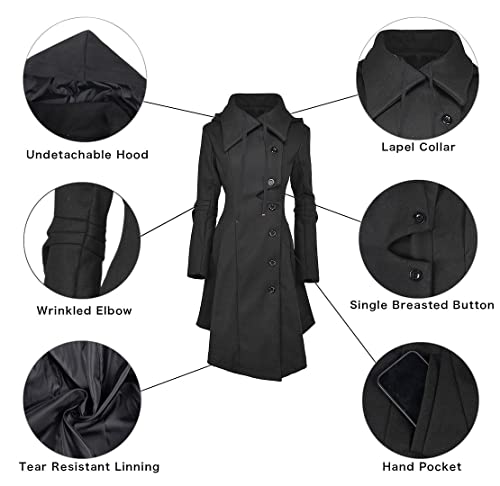 QZUnique Long Trench Pea Coat for Women - Wool Winter Trench Coat Goth Lapel Peacoat Outwear Thick Hood Pea Jacket Trenchcoat - Image 5