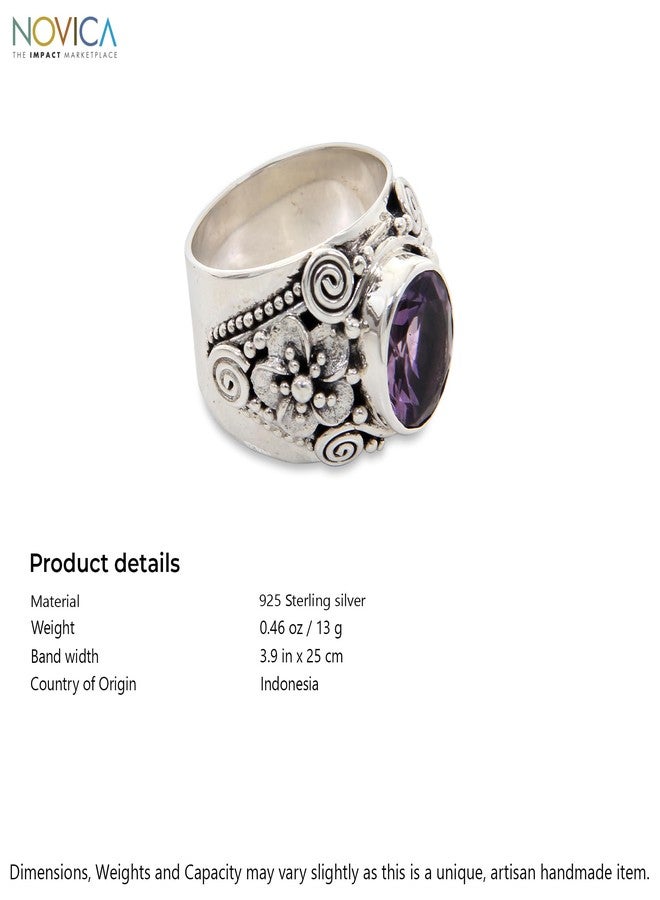 نوفيكا خاتم كوكتيل من نوفيكا مصنوع يدويًا من حجر الجمشت الأرجواني المصقول من بالي، حجر بخت إندونيسي [إطار التاج 0.5 بوصة طول × 0.4 بوصة عرض × 0.2 بوصة ارتفاع، عرض السوار 10 مم] - Image 5