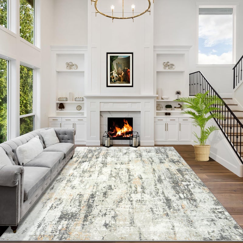 Gent drizz 8x10 Area Rugs Washable Rug: Modern Abstract Living Room Rug Soft Anti-Skid Thin Carpet Indoor Floor Non-Shedding Carpets for Bedroom Dining Room Farmhouse Nursery Home Office Grey Brown - Image 1