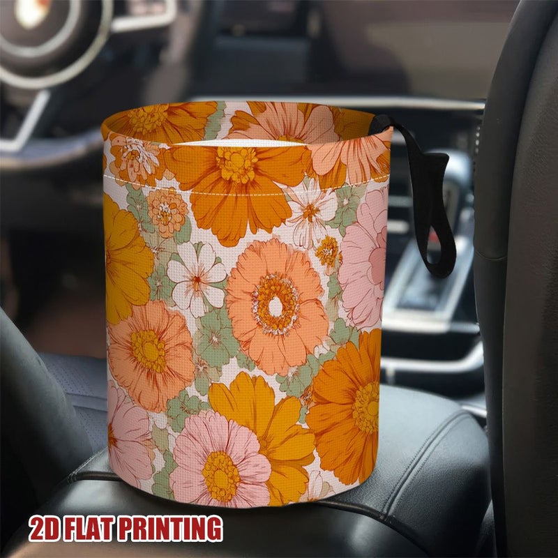 Vibrant Orange Floral Print Car Trash Can For Kitchen Camping Travel Garbage Bin Car Accessories Organizer Decoration For Women Pattern One - Image 1