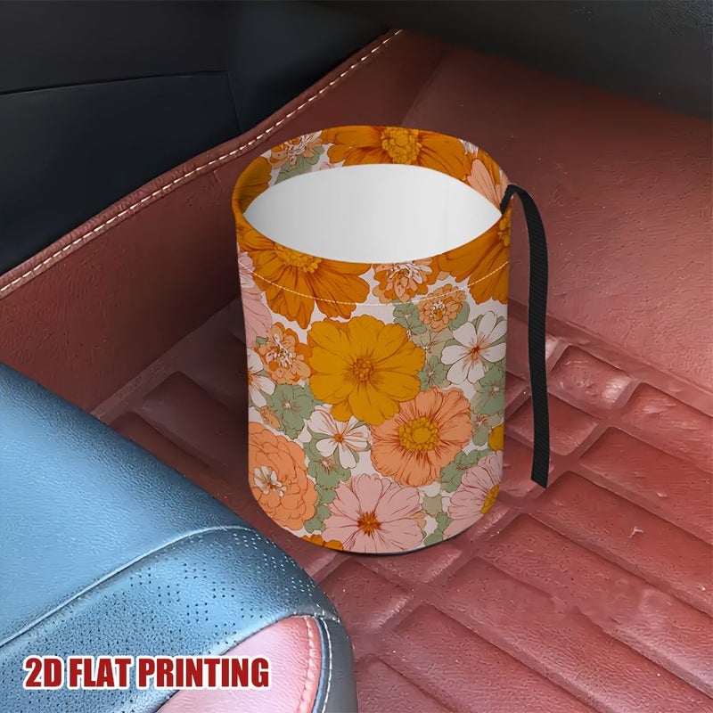 Vibrant Orange Floral Print Car Trash Can For Kitchen Camping Travel Garbage Bin Car Accessories Organizer Decoration For Women Pattern One - Image 5