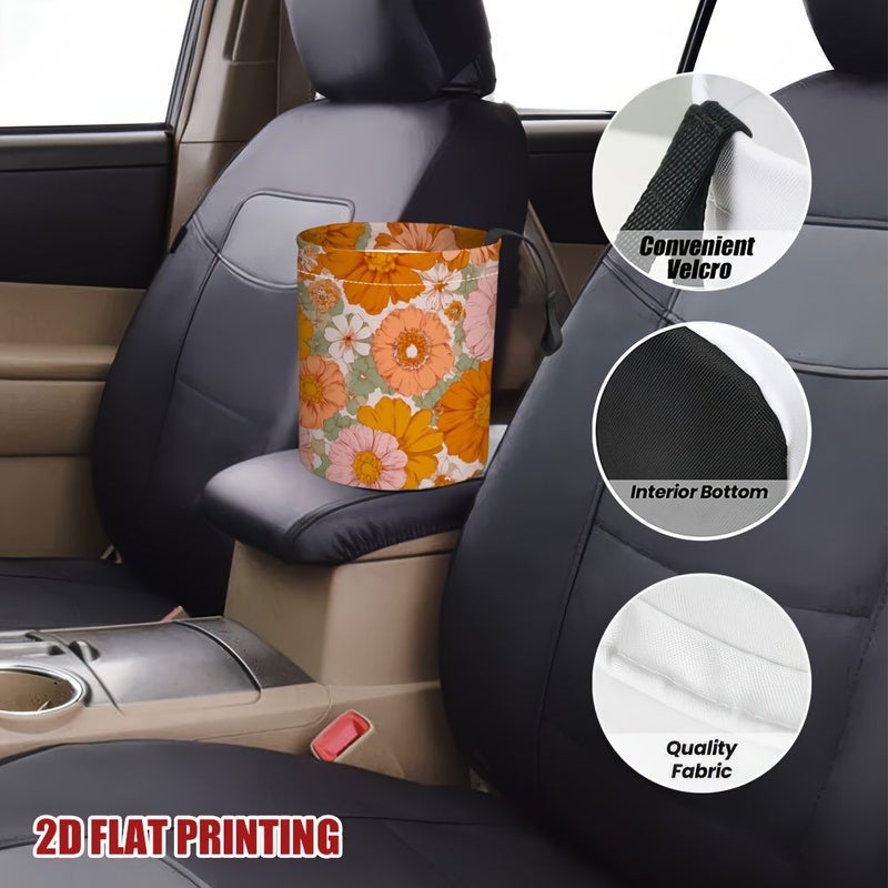 Vibrant Orange Floral Print Car Trash Can For Kitchen Camping Travel Garbage Bin Car Accessories Organizer Decoration For Women Pattern One - Image 4