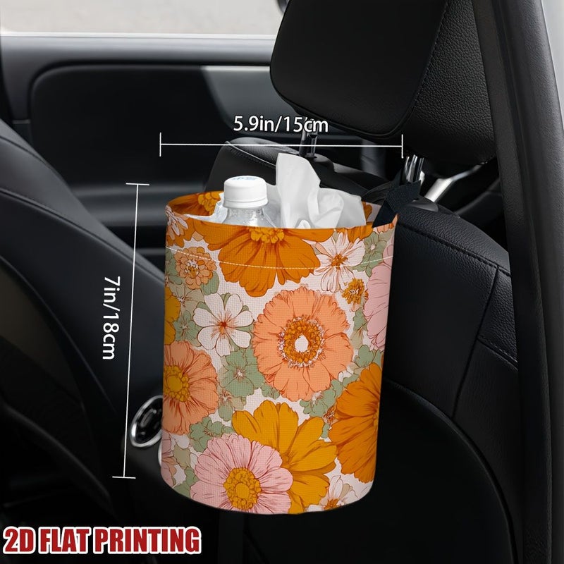 Vibrant Orange Floral Print Car Trash Can For Kitchen Camping Travel Garbage Bin Car Accessories Organizer Decoration For Women Pattern One - Image 2