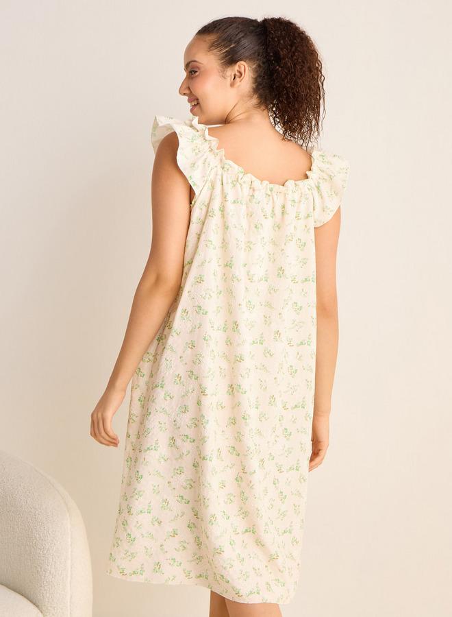 سبلاش فيڤ فستان نوم بدون أكمام بطبعة زهور مع تفاصيل كشكش - Image 3
