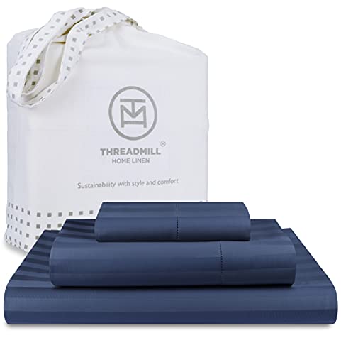 Threadmill 500 Thread Count Twin Size Damask Stripe 3 Pc Luxury Cotton Bedding Set Breathable Folkstone Blue Sheets with 15 Elasticized Deep Pocket 1 Pillowcase  Free Tote Bag