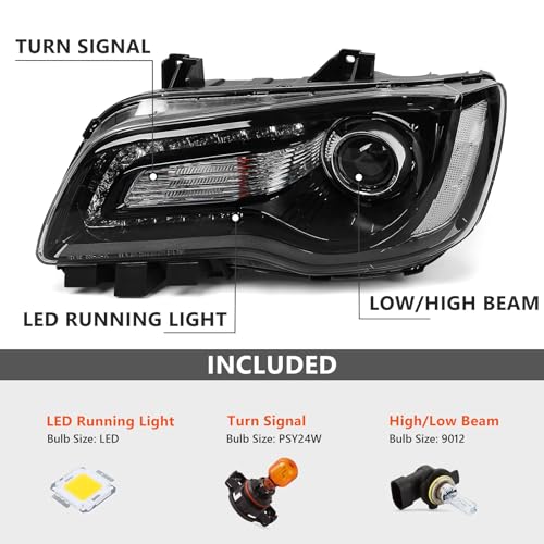 VLINCAR Halogen Headlight Assembly Compatible with Chrysler 300 300C 2015 2016 2017 2018 Headlamp with Bulbs w/LED DRL Black Housing & Clear Reflector Left Driver Side - Image 3
