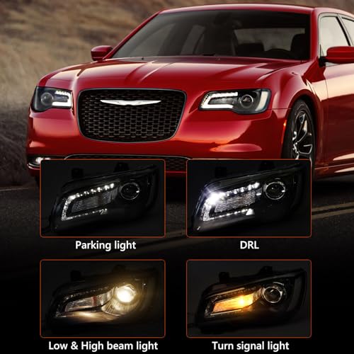 VLINCAR Halogen Headlight Assembly Compatible with Chrysler 300 300C 2015 2016 2017 2018 Headlamp with Bulbs w/LED DRL Black Housing & Clear Reflector Left Driver Side - Image 2