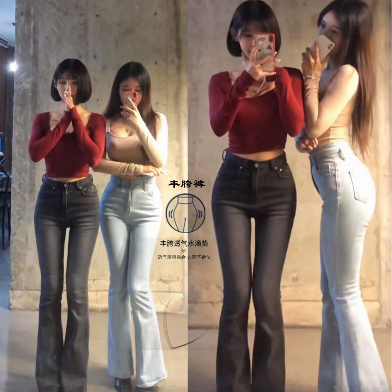 2025 Crotch-Enhancing Pants Korean Style Waist And Thin Crotch Padded Denim Bell-Bottom Pants - Image 2