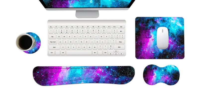 ARTSO Keyboard Wrist Rest and Mouse Pad with Wrist Support Set Ergonomic Coaster, Memory Foam Mousepad 4 in 1 Non-Slip Rubber Base Durable Comfortable for Easy Typing Pain Relief, Starry Sky Galaxy - Image 1