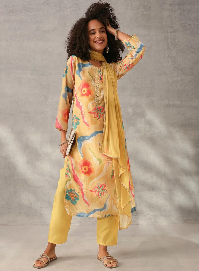 ISHIN Women's Yellow Chinon Self Designed Tunic Upper Full Length Palazzo Bottom Regular Fit 3 Piece Kurta Set