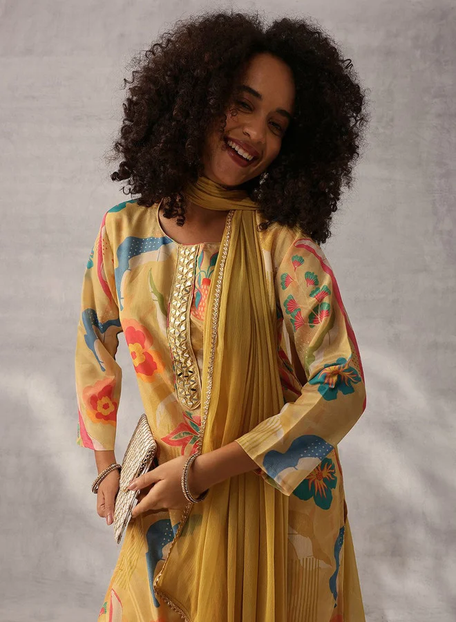ISHIN Women's Yellow Chinon Self Designed Tunic Upper Full Length Palazzo Bottom Regular Fit 3 Piece Kurta Set