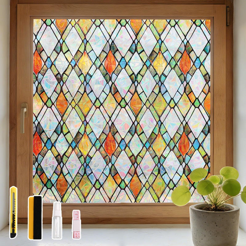 LEMON CLOUD Window Privacy Film, Decorative Stained Glass Static Cling for Privacy & Sun Blocking,Removable Colorful Lattice Sticker for Home Living Room, Bedroom, Bathroom, 17.5" x 78.7" Inch - Image 1