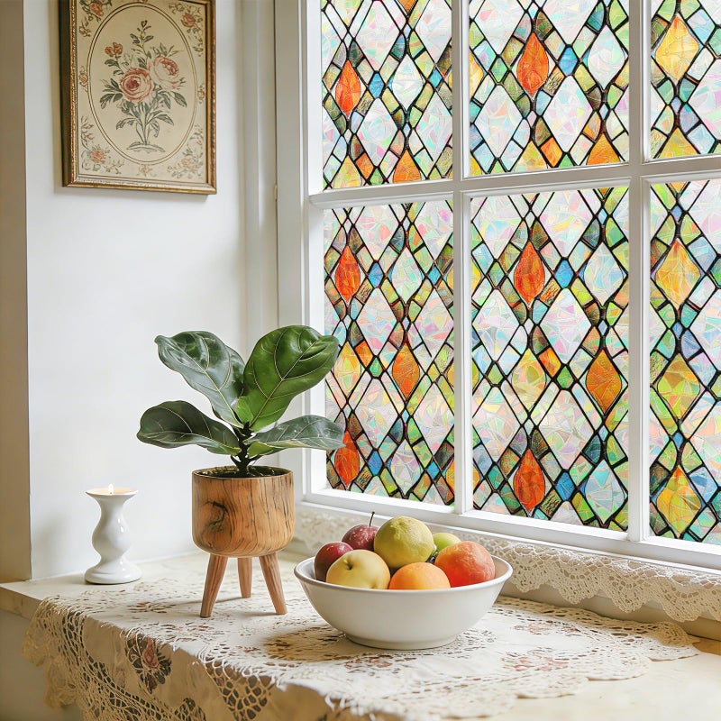 LEMON CLOUD Window Privacy Film, Decorative Stained Glass Static Cling for Privacy & Sun Blocking,Removable Colorful Lattice Sticker for Home Living Room, Bedroom, Bathroom, 17.5" x 78.7" Inch - Image 3