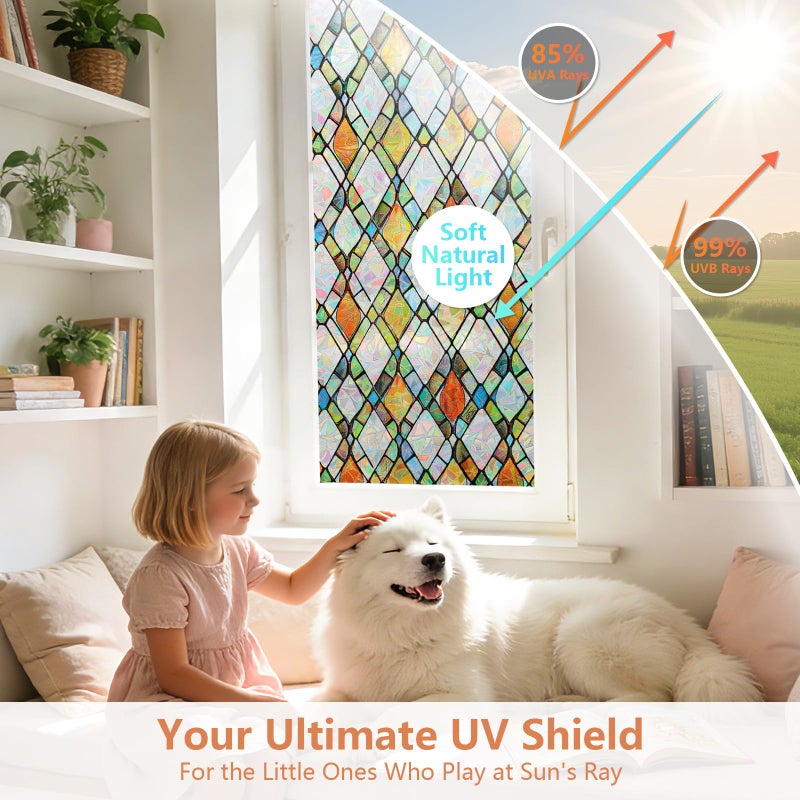LEMON CLOUD Window Privacy Film, Decorative Stained Glass Static Cling for Privacy & Sun Blocking,Removable Colorful Lattice Sticker for Home Living Room, Bedroom, Bathroom, 17.5" x 78.7" Inch - Image 2