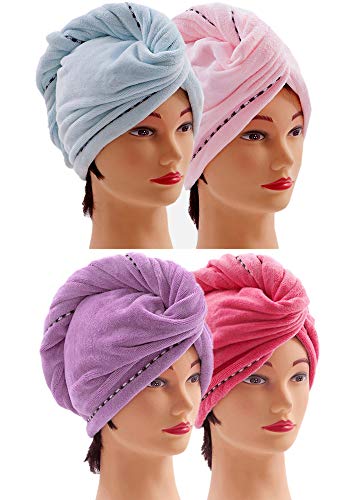 CC CAIHONG Microfiber Hair Towel 4 Pack, Hair Towel Wrap Quick Dry Hair Hat Anti-frizz Head Turban with Button, Wet Curly Hair Towels for Women (Blue & Pink & Purple & Red) - Image 1
