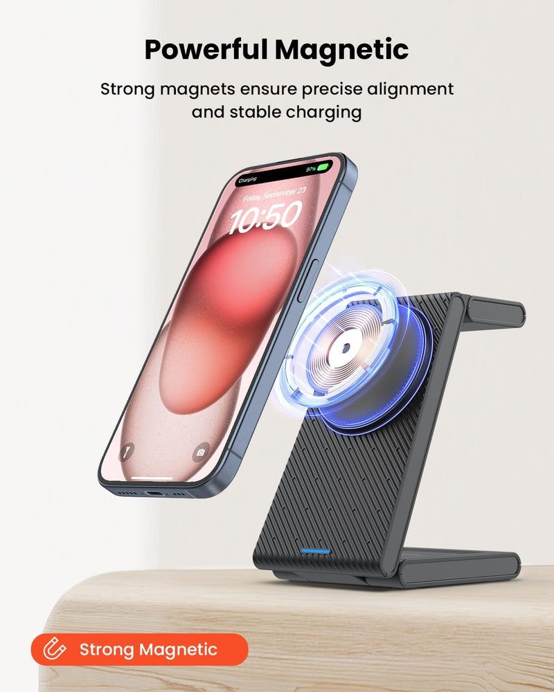 محطة شحن لاسلكي GEEKERA 3 في 1، حامل شحن لاسلكي مغناطيسي قابل للطي لأجهزة متعددة، شاحن لـ iPhone 17/16/15/14/13/12، Apple Watch 9/8/7/6/SE/5/4/3/2، AirPods 4/3/2/Pro - Image 2