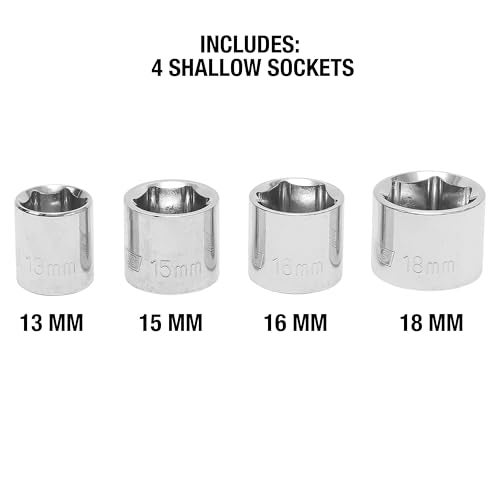 OEMTOOLS مجموعة أدوات حزام سير OEMTOOLS 24687، تشمل مقبض دفع 3/8، محولات دفع 1/2 و 3/8 مربع، و 4 مفاتيح ضحلة (13، 15، 16، و 18 مم)، تحرير ضغط الربيع وإزالة بكرة الشد. - Image 4