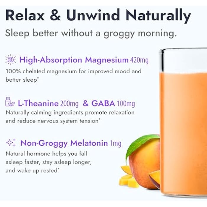 Zipfizz Nightly Calm & Sleep Supplement Powder, Peach Mango, 12.3 oz (30-60 Servings) | Natural Sleep Aid For Kids & Adults | Contains Magnesium, Melatonin, L-Theanine | Relaxation & Mood Enhancement - Image 3
