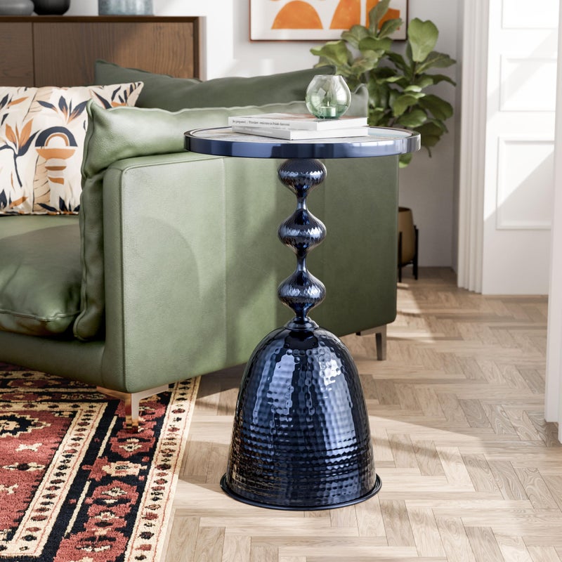 Homes: Inside + Out Halric Modern 25" Tall Round End Table with Decorated Tabletop and Iron Metal Base, Accent Furniture, Elegant Pedestal Stand for Living Room, Home Office, Chrome Blue - Image 2
