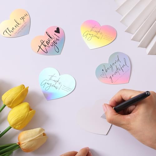 GINCEVHY 150 Pcs Holographic Love Heart Shaped Thank You Cards, 2.36 x 2.76 Small Business Encouragement Cards for Handwritten Message, Greeting Cards for Wedding, Baby Shower, Small Business, All Occasion - Image 2