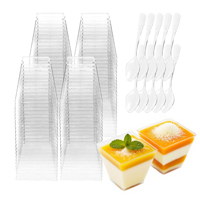 Slomg 200 Pack 2 oz Mini Plastic Dessert Cups with Spoons, Disposable Clear Pudding Parfait Jello Shooter Cups Party Serving Bowls, Small Tasting Cups for Fruit Trifle Ice Cream Yogurt Mousse Candy - Image 1