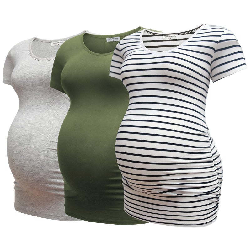 Bearsland Womens Maternity Shirt 3 Packs Classic Side Ruched Tee Top Mama Pregnancy Clothes,witstripe+LightGray+ArmyGreen,M