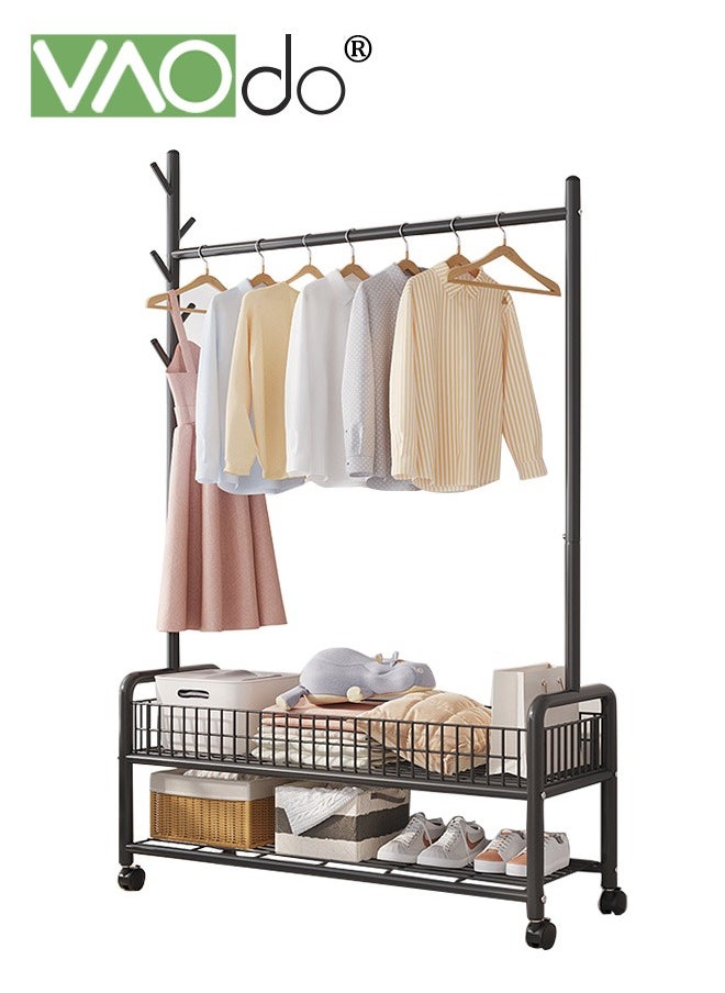 VAOdo Multifunctional Clothes Rack with Wheels Garment Rack with Storage Basket Steel Clothes Shoes Organizer Coat Hanging Rack for Balcony Home Bedroom Living Room  - Image 1