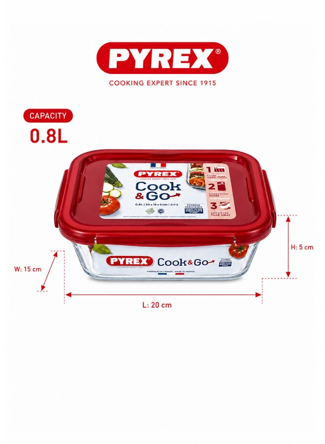 بيريكس Pyrex Cook&Go 0.8L Rectangular Glass Food Storage Container with Airtight Red Lid, Borosilicate Glass Meal Prep Dish, Freezer to Oven Safe, Stackable Storage Solution - Image 2