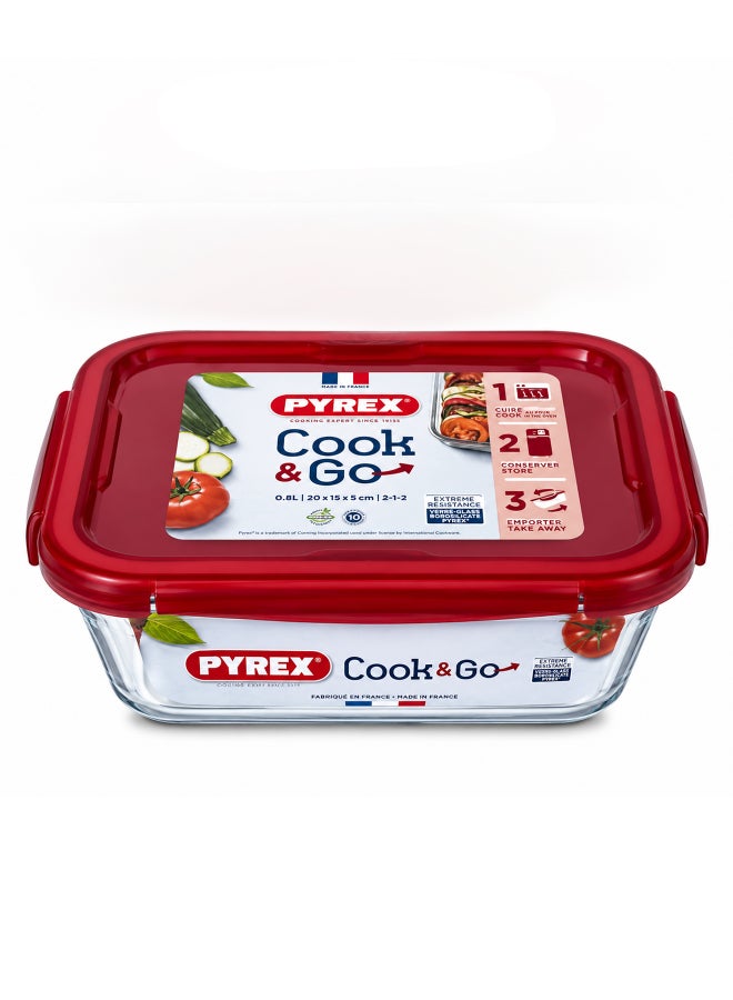 بيريكس Pyrex Cook&Go 0.8L Rectangular Glass Food Storage Container with Airtight Red Lid, Borosilicate Glass Meal Prep Dish, Freezer to Oven Safe, Stackable Storage Solution - Image 1