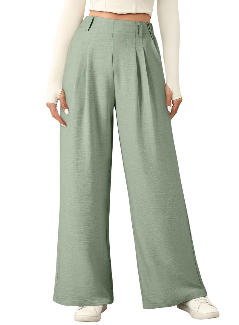 EVALESS Womens Pants Wide Leg High Waisted Linen Texture Work Trousers 2026 Summer Trendy Baggy Flowy Palazzo Pants Dressy Casual Comfy Office Slacks with Pockets Petite Green Small - Image 1