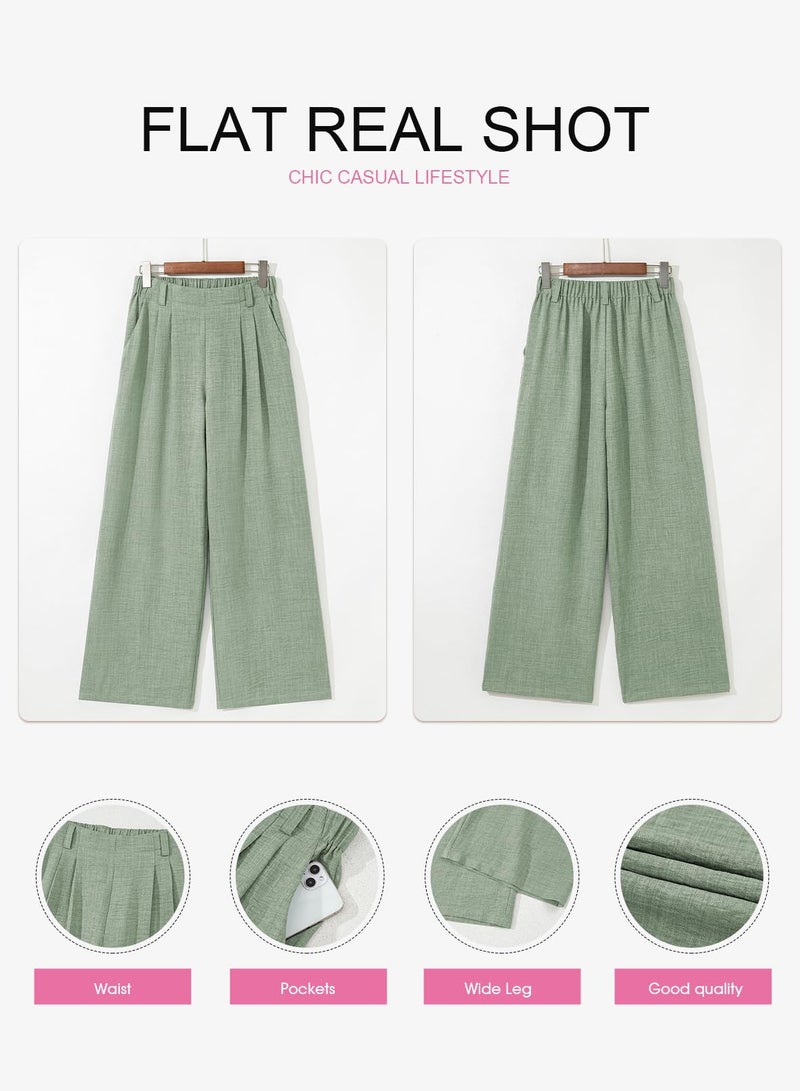 EVALESS Womens Pants Wide Leg High Waisted Linen Texture Work Trousers 2026 Summer Trendy Baggy Flowy Palazzo Pants Dressy Casual Comfy Office Slacks with Pockets Petite Green Small - Image 5