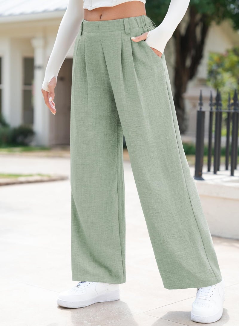 EVALESS Womens Pants Wide Leg High Waisted Linen Texture Work Trousers 2026 Summer Trendy Baggy Flowy Palazzo Pants Dressy Casual Comfy Office Slacks with Pockets Petite Green Small - Image 2